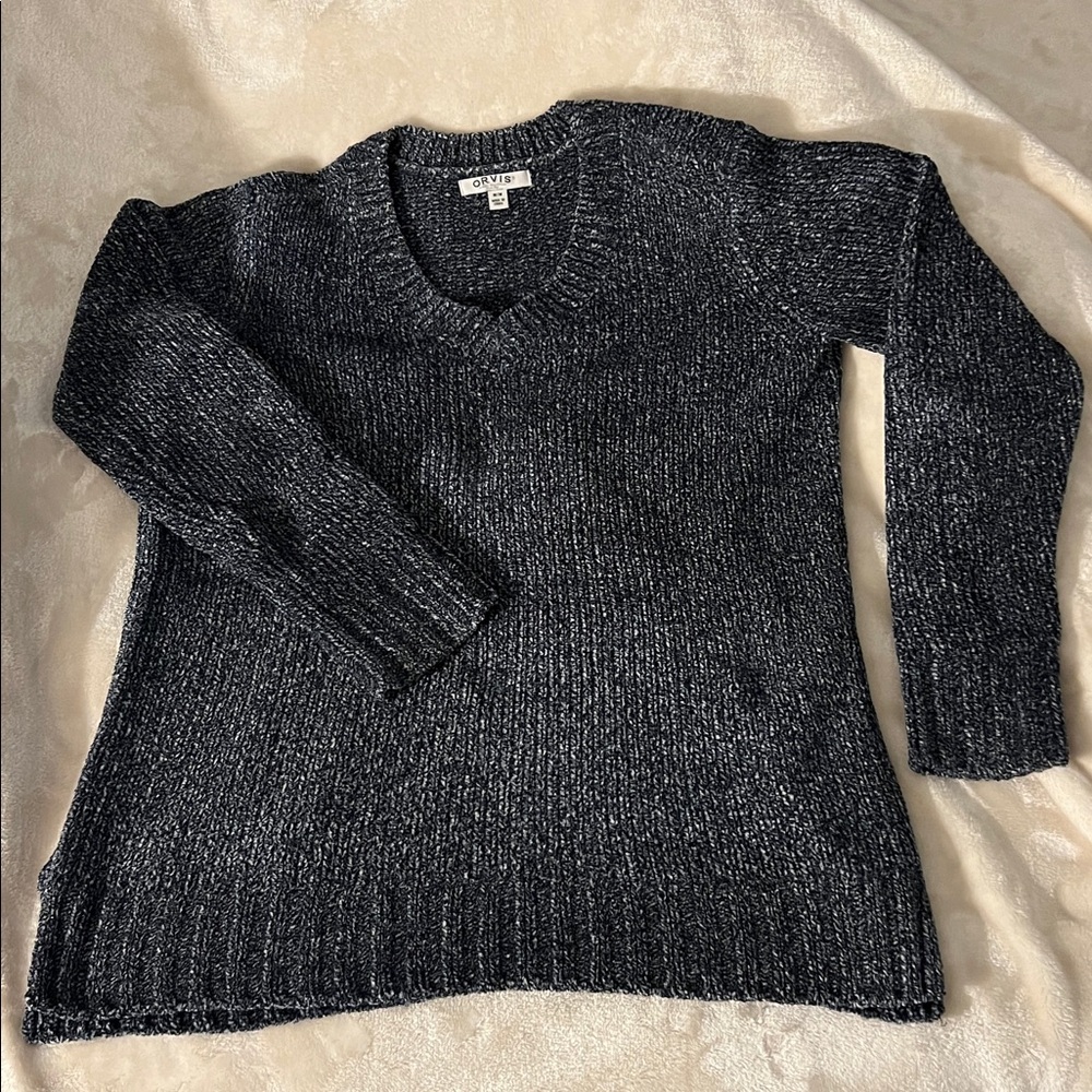 ORVIS 🖤 SUPER SOFT THICK BLACK/WHITE KNIT V-NECK SWEATER Women’s M